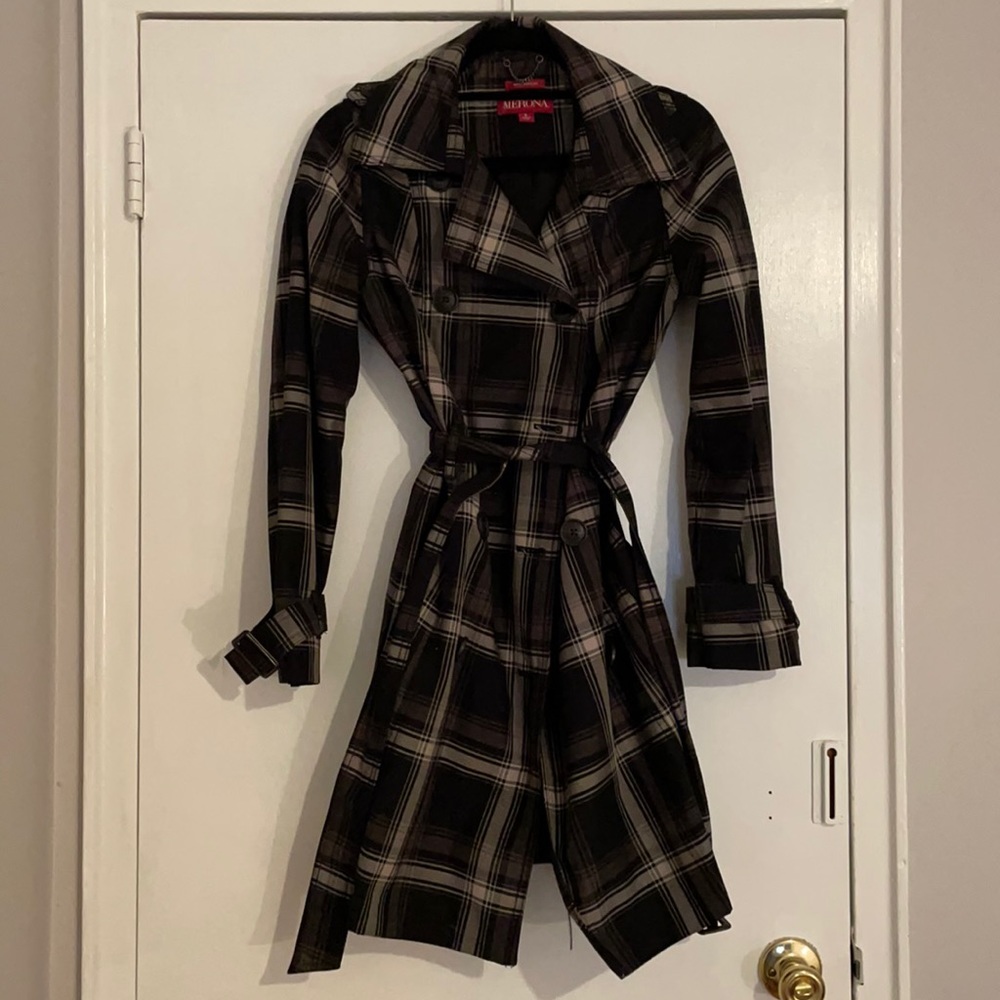 Merona belted black and white plaid raincoat